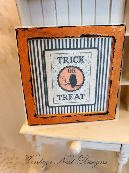 Miniature Trick or Treat No.1 Handmade for Dollhouse Wooden Framed Art