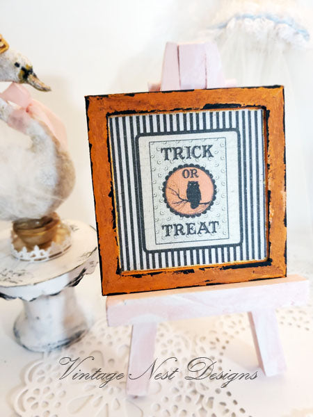 Miniature Trick or Treat No.1 Handmade for Dollhouse Wooden Framed Art