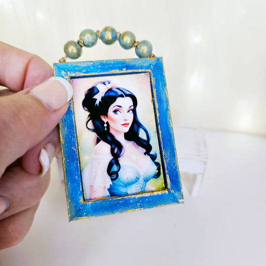 Miniature Victorian Woman No.4-1 Blue Wood Frame Dollhouse Wall Decor 1:12 Scale