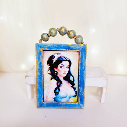 Miniature Victorian Woman No.4-1 Blue Wood Frame Dollhouse Wall Decor 1:12 Scale