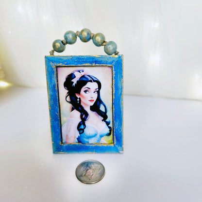 Miniature Victorian Woman No.4-1 Blue Wood Frame Dollhouse Wall Decor 1:12 Scale
