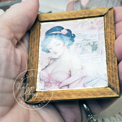 Miniature Asian Woman No.2:2 Wood Frame Dollhouse Home Wall Decor Diorama Shadow Box