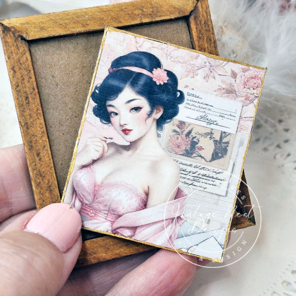 Miniature Asian Woman No.2:2 Wood Frame Dollhouse Home Wall Decor Diorama Shadow Box