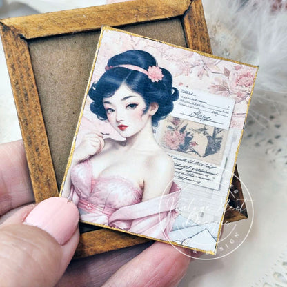 Miniature Asian Woman No.2:2 Wood Frame Dollhouse Home Wall Decor Diorama Shadow Box