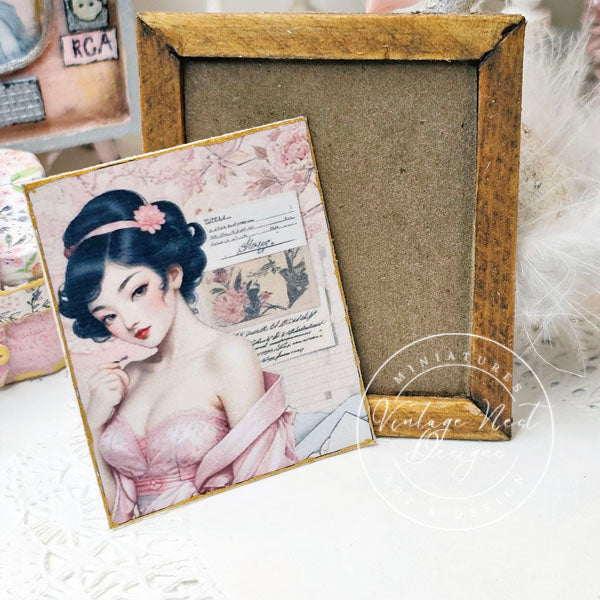 Miniature Asian Woman No.2:2 Wood Frame Dollhouse Home Wall Decor Diorama Shadow Box