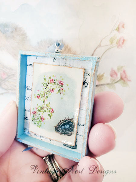 Miniature Bird Nest Roses No.15:2 Dollhouse Handmade Wooden Framed Art