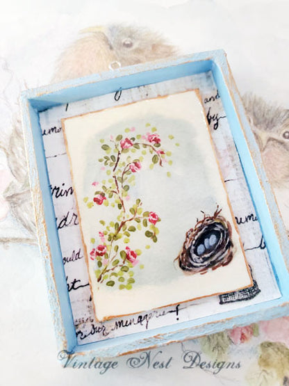 Miniature Bird Nest Roses No.15:2 Dollhouse Handmade Wooden Framed Art