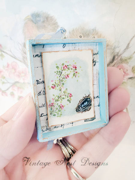Miniature Bird Nest Roses No.15:2 Dollhouse Handmade Wooden Framed Art