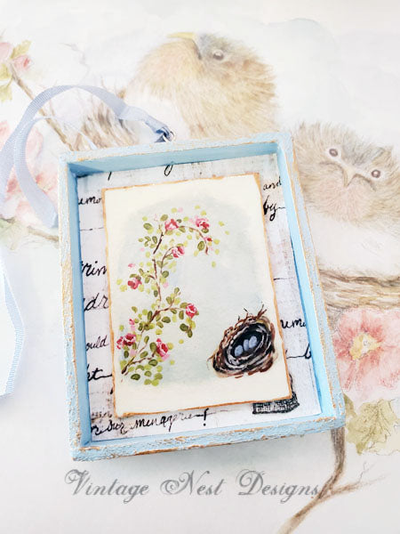 Miniature Bird Nest Roses No.15:2 Dollhouse Handmade Wooden Framed Art