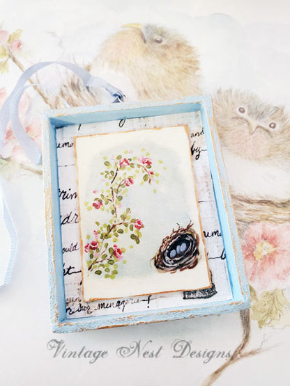 Miniature Bird Nest Roses No.15:2 Dollhouse Handmade Wooden Framed Art