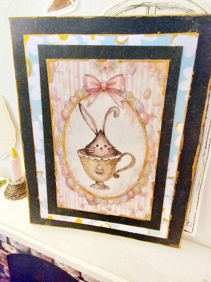 Miniature Bunny in Cup No.1:2 Handmade Framed Art for Dollhouse Diorama Shadow Box