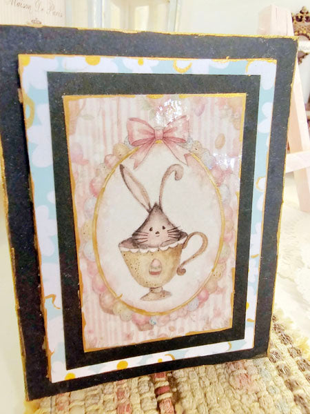 Miniature Bunny in Cup No.1:2 Handmade Framed Art for Dollhouse Diorama Shadow Box