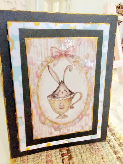Miniature Bunny in Cup No.1:2 Handmade Framed Art for Dollhouse Diorama Shadow Box