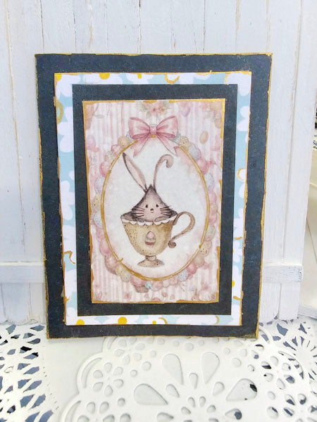 Miniature Bunny in Cup No.1:2 Handmade Framed Art for Dollhouse Diorama Shadow Box