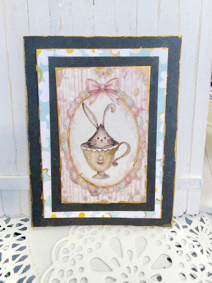 Miniature Bunny in Cup No.1:2 Handmade Framed Art for Dollhouse Diorama Shadow Box