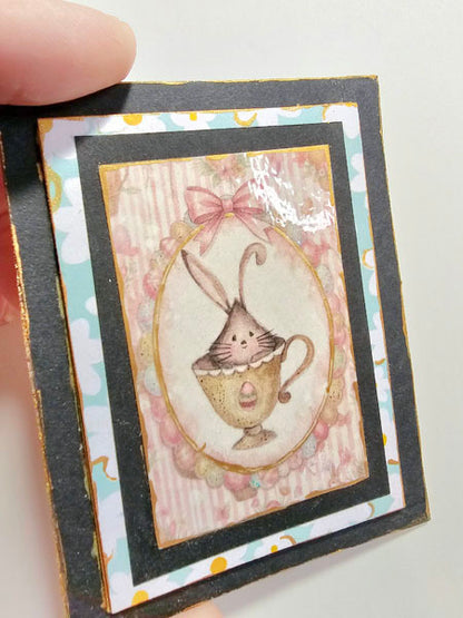 Miniature Bunny in Cup No.1:2 Handmade Framed Art for Dollhouse Diorama Shadow Box