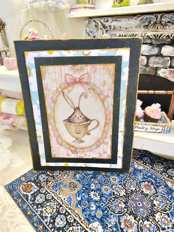 Miniature Bunny in Cup No.1:2 Handmade Framed Art for Dollhouse Diorama Shadow Box