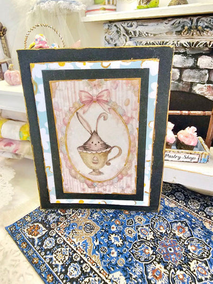 Miniature Bunny in Cup No.1:2 Handmade Framed Art for Dollhouse Diorama Shadow Box