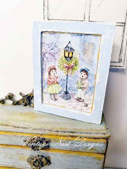 Miniature Children Carolers No.1:2 Handmade for Dollhouse Wooden Framed Art