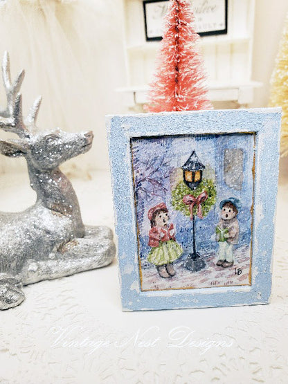 Miniature Children Carolers No.1:2 Handmade for Dollhouse Wooden Framed Art