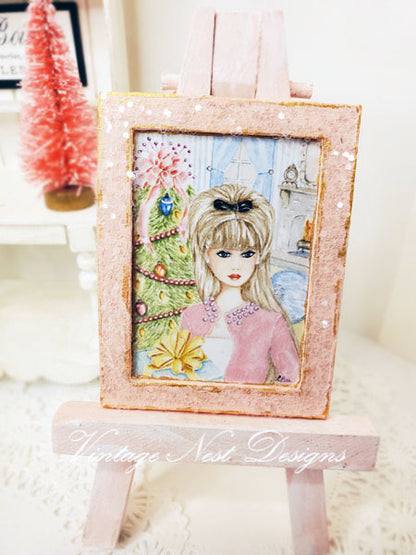 Miniature Christmas Bar bie No.11:2 Handmade for Dollhouse Wooden Framed Art
