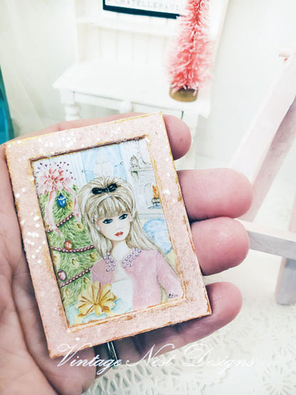 Miniature Christmas Bar bie No.11:2 Handmade for Dollhouse Wooden Framed Art
