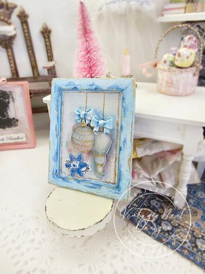 Miniature Christmas Bulbs No.3:2 Art Blue Wood Frame Dollhouse Wall Decor Diorama