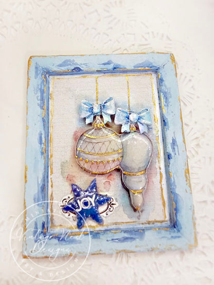 Miniature Christmas Bulbs No.3:2 Art Blue Wood Frame Dollhouse Wall Decor Diorama