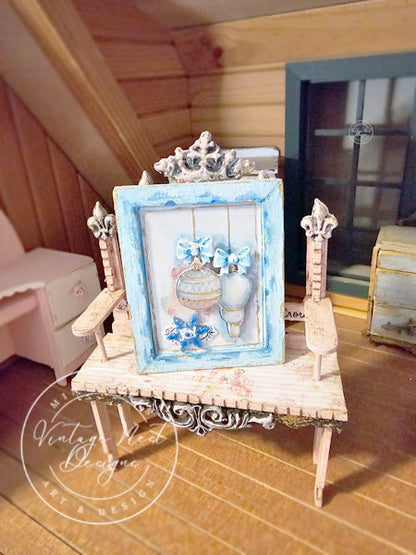 Miniature Christmas Bulbs No.3:2 Art Blue Wood Frame Dollhouse Wall Decor Diorama