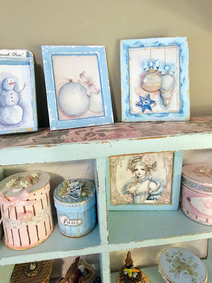 Miniature Christmas Bulbs No.3:2 Art Blue Wood Frame Dollhouse Wall Decor Diorama