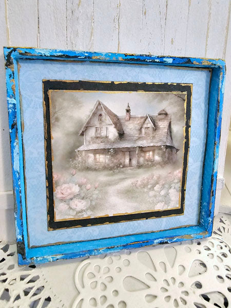 Miniature Cottage Farmhouse No.9-2 Blue Wood Frame Dollhouse Home Wall Decor Diorama Shadow Box 1:12 Scale