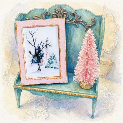 Miniature Pink Church in the Woods No. 1:2, Handmade Pink Wood Frame Dollhouse Wall Decor,  Woodland Diorama Art