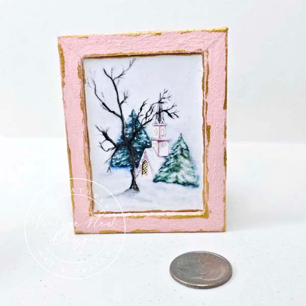 Miniature Pink Church in the Woods No. 1:2, Handmade Pink Wood Frame Dollhouse Wall Decor,  Woodland Diorama Art