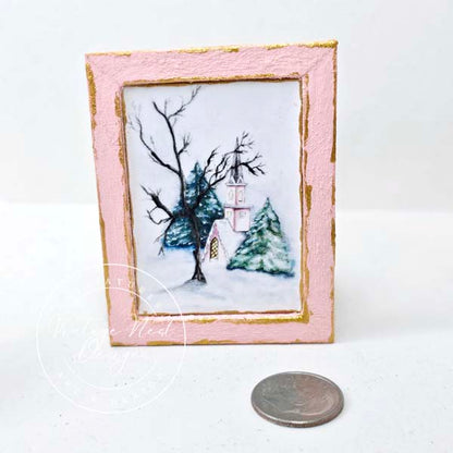 Miniature Pink Church in the Woods No. 1:2, Handmade Pink Wood Frame Dollhouse Wall Decor,  Woodland Diorama Art