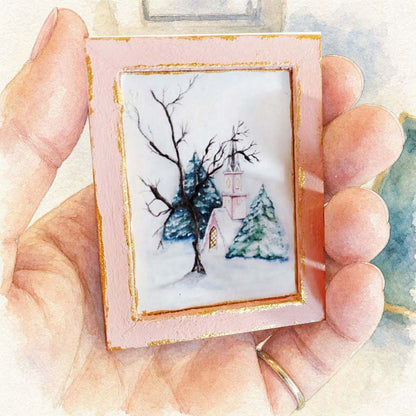Miniature Pink Church in the Woods No. 1:2, Handmade Pink Wood Frame Dollhouse Wall Decor,  Woodland Diorama Art