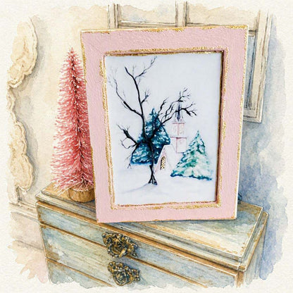 Miniature Pink Church in the Woods No. 1:2, Handmade Pink Wood Frame Dollhouse Wall Decor,  Woodland Diorama Art