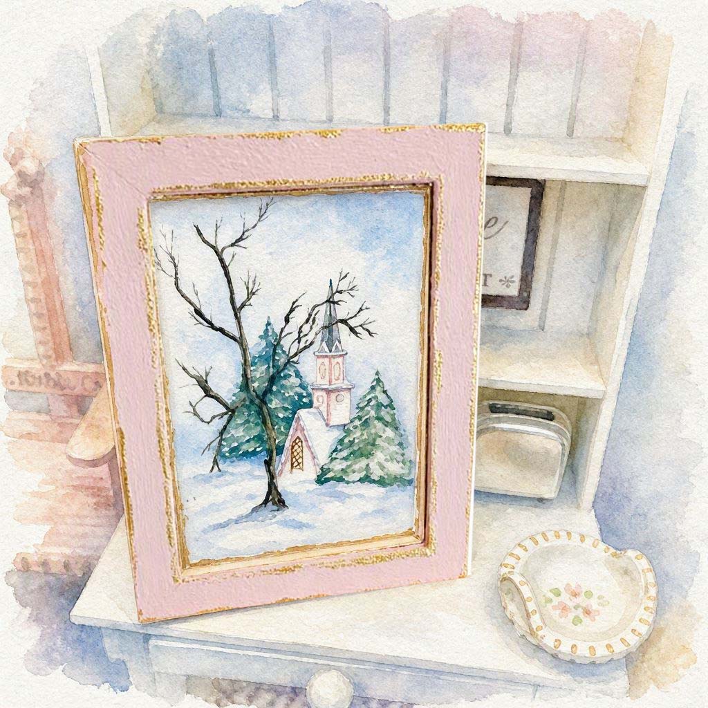 Miniature Pink Church in the Woods No. 1:2, Handmade Pink Wood Frame Dollhouse Wall Decor,  Woodland Diorama Art