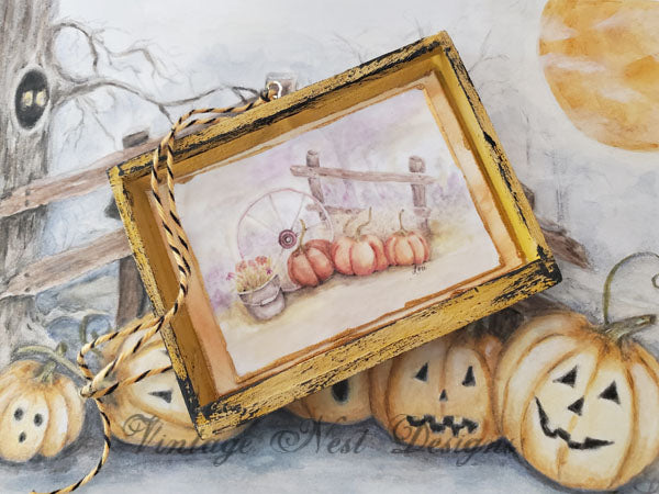 Miniature Halloween Pumpkin Patch No.3:2 Handmade for Dollhouse Wooden Framed Art
