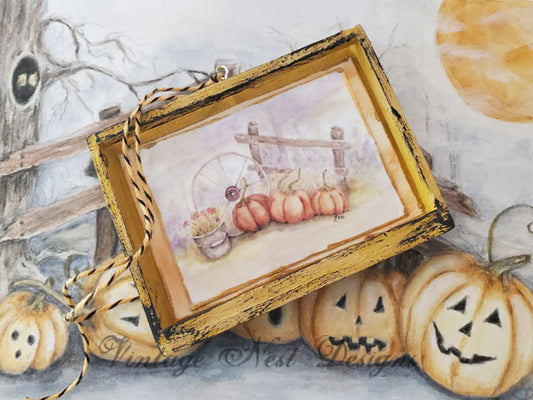 Miniature Halloween Pumpkin Patch No.3:2 Handmade for Dollhouse Wooden Framed Art
