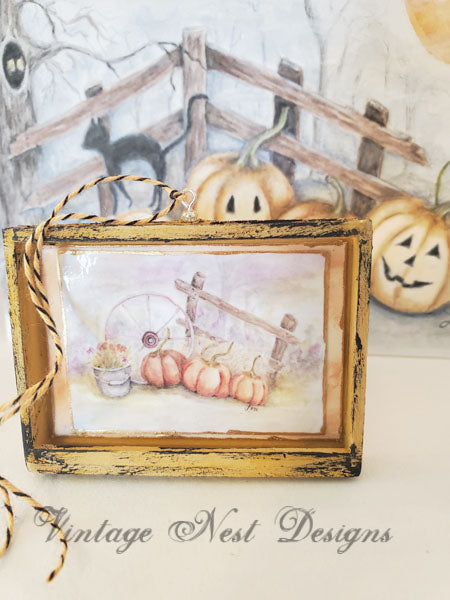 Miniature Halloween Pumpkin Patch No.3:2 Handmade for Dollhouse Wooden Framed Art