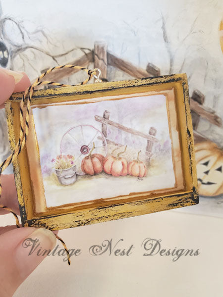Miniature Halloween Pumpkin Patch No.3:2 Handmade for Dollhouse Wooden Framed Art