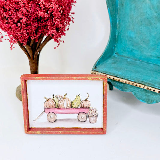 Miniature Pumpkins Red Wagon No.1:2 Handmade for Dollhouse Wooden Framed Art
