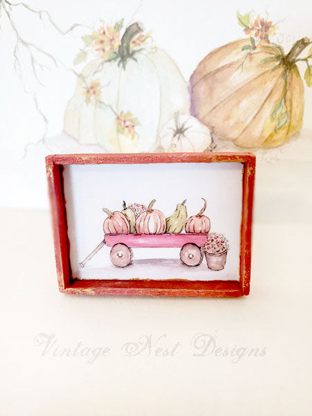 Miniature Pumpkins Red Wagon No.1:2 Handmade for Dollhouse Wooden Framed Art