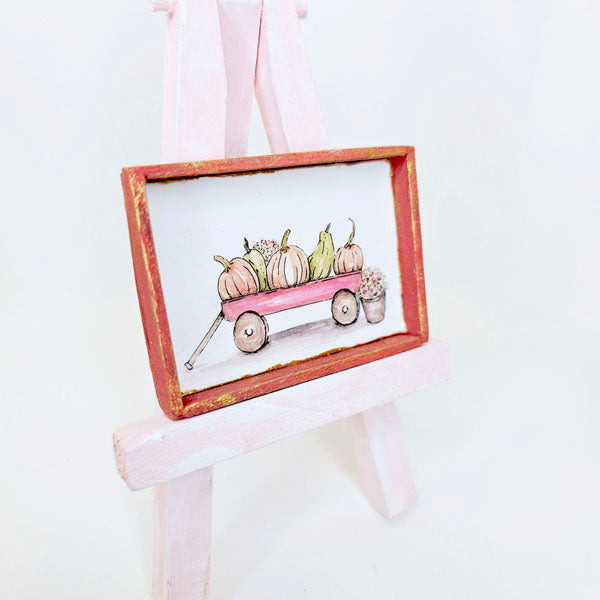Miniature Pumpkins Red Wagon No.1:2 Handmade for Dollhouse Wooden Framed Art