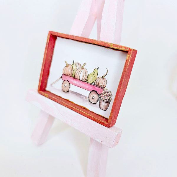 Miniature Pumpkins Red Wagon No.1:2 Handmade for Dollhouse Wooden Framed Art
