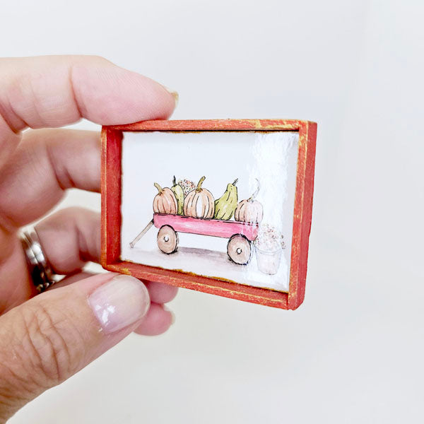 Miniature Pumpkins Red Wagon No.1:2 Handmade for Dollhouse Wooden Framed Art