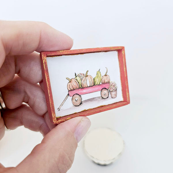 Miniature Pumpkins Red Wagon No.1:2 Handmade for Dollhouse Wooden Framed Art