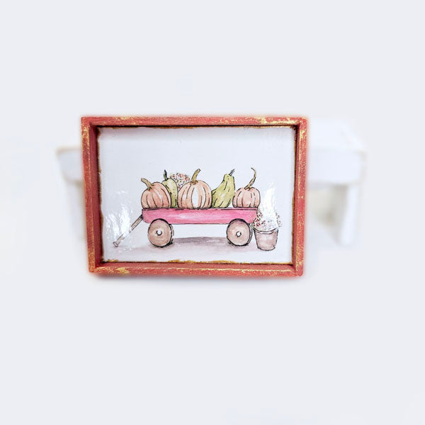 Miniature Pumpkins Red Wagon No.1:2 Handmade for Dollhouse Wooden Framed Art