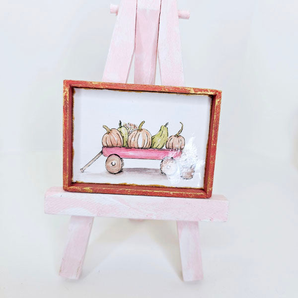 Miniature Pumpkins Red Wagon No.1:2 Handmade for Dollhouse Wooden Framed Art