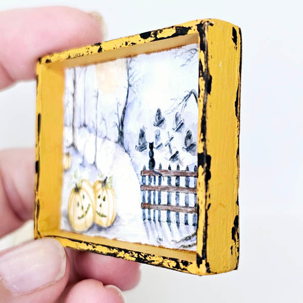 Kürbisse im Wald Nr. 1:2 Puppenhaus Miniatur handgemalte Kunst im Holzrahmen